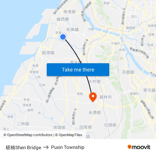 椹橋Shen Bridge to Puxin Township map