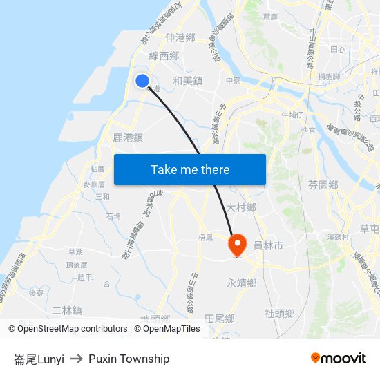 崙尾Lunyi to Puxin Township map