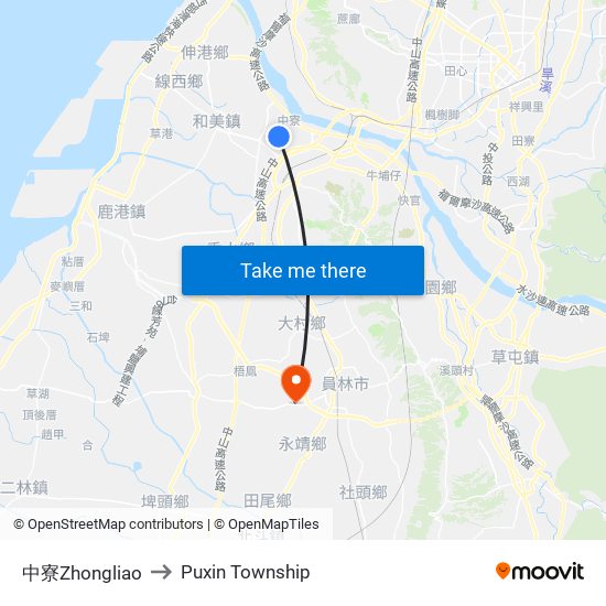 中寮Zhongliao to Puxin Township map
