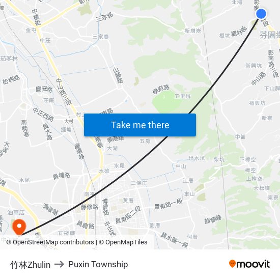 竹林Zhulin to Puxin Township map