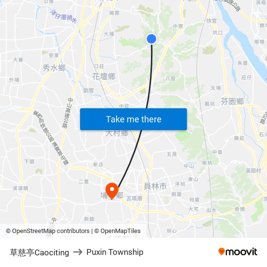 草慈亭Caociting to Puxin Township map