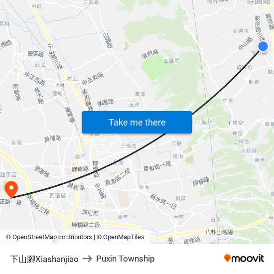 下山腳Xiashanjiao to Puxin Township map