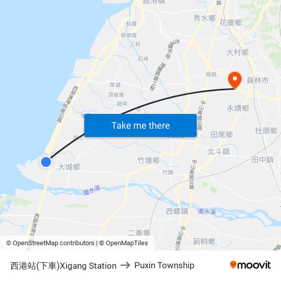 西港站(下車)Xigang Station to Puxin Township map