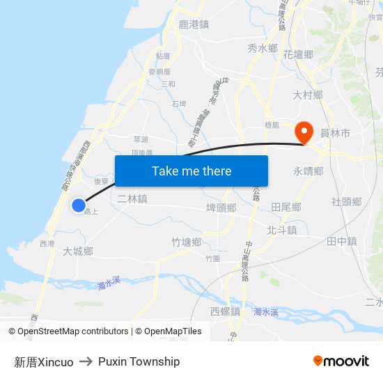 新厝Xincuo to Puxin Township map