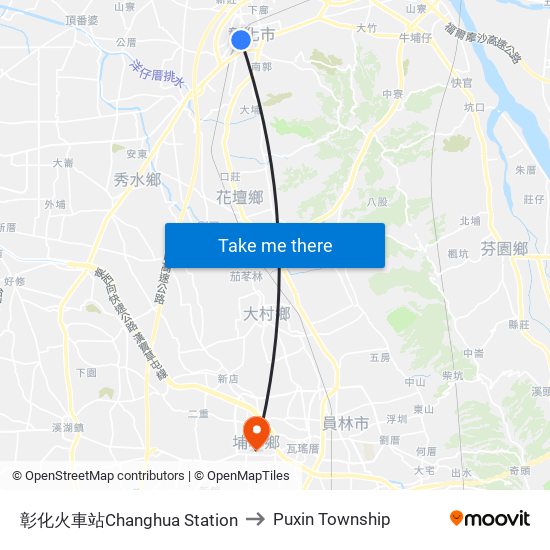 彰化火車站Changhua Station to Puxin Township map