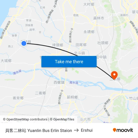Yuanlin Bus Erlin Station to Ershui map