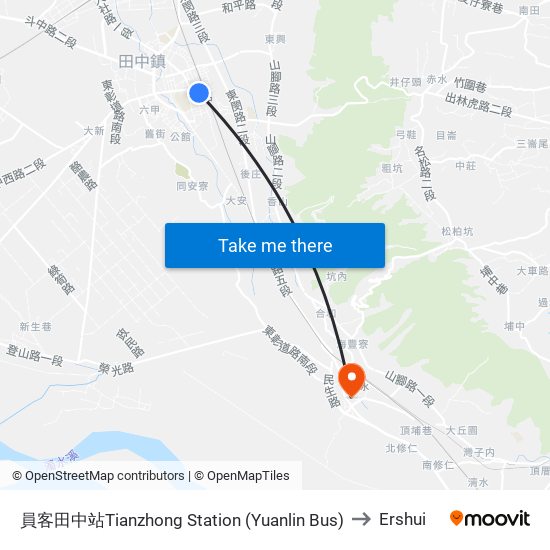 員客田中站Tianzhong  Station (Yuanlin Bus) to Ershui map