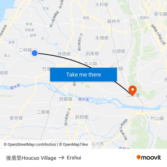 後厝里Houcuo Village to Ershui map