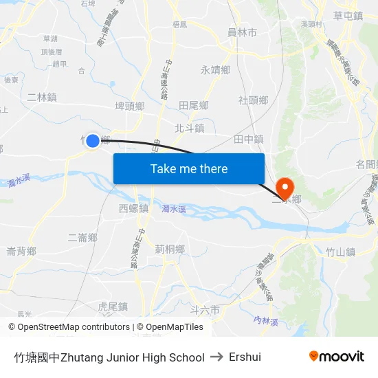 竹塘國中Zhutang Junior High School to Ershui map