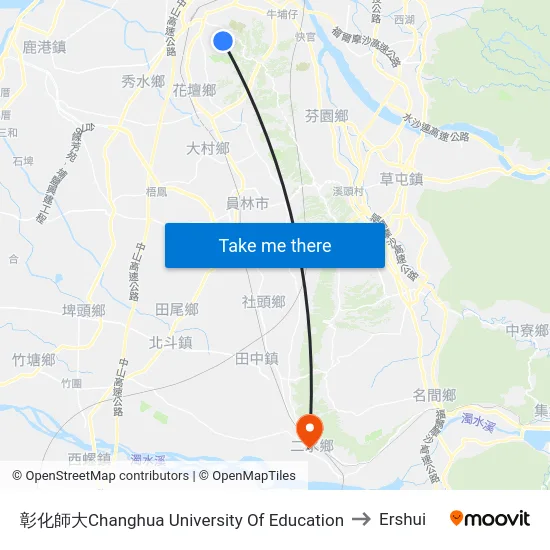 Changhua University Of Education to Ershui map