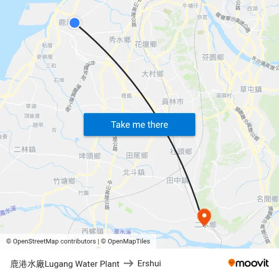 Lugang Water Plant to Ershui map