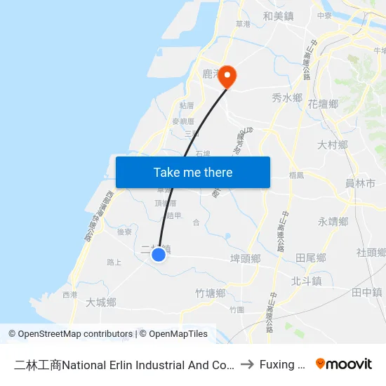 二林工商National Erlin Industrial  And Commercial Vocational High School to Fuxing Township map