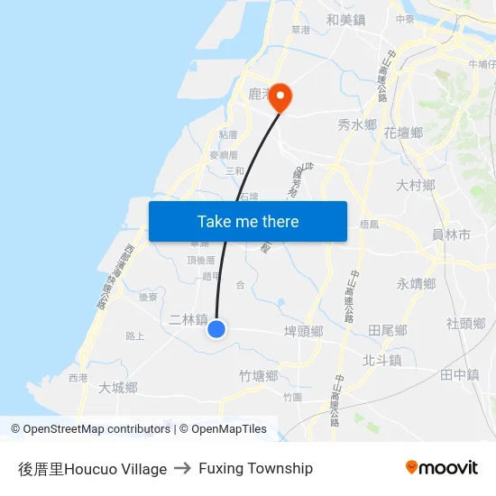 後厝里Houcuo Village to Fuxing Township map