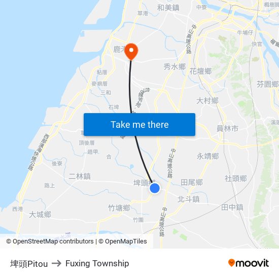 埤頭Pitou to Fuxing Township map