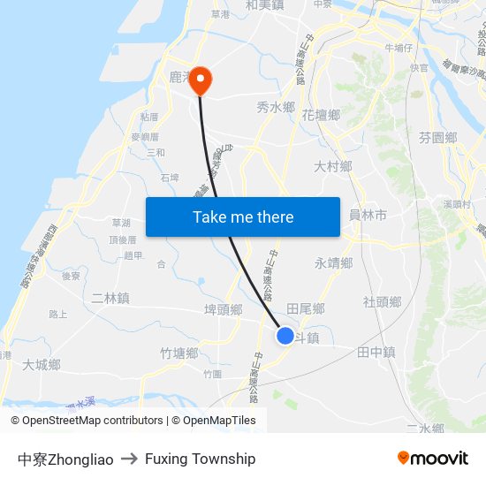 中寮Zhongliao to Fuxing Township map