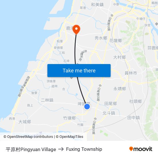 平原村Pingyuan Village to Fuxing Township map