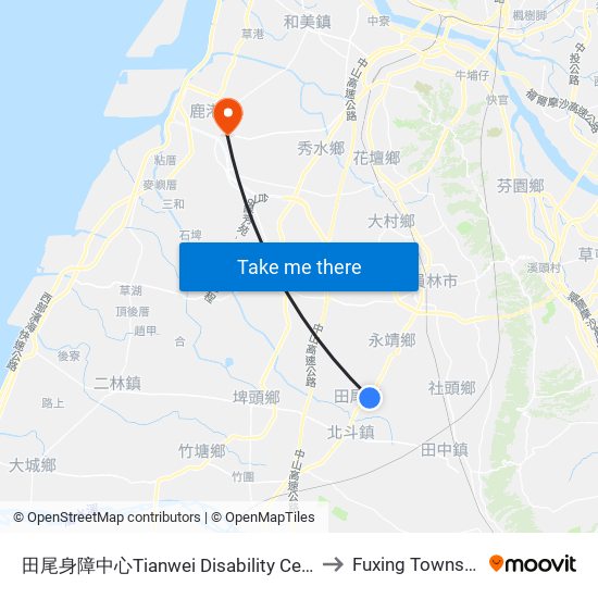 田尾身障中心Tianwei Disability Center to Fuxing Township map