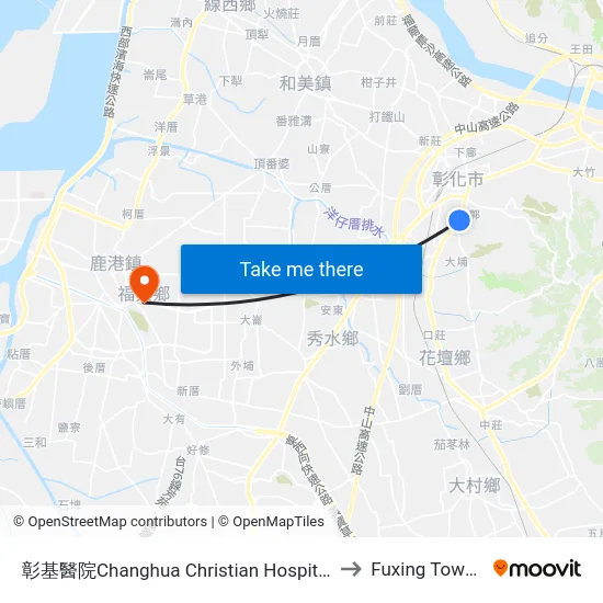 Changhua Christian Hospital to Fuxing Township map