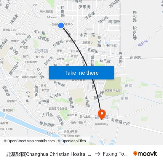 鹿基醫院Changhua Christian Hosital Lukang Branch to Fuxing Township map