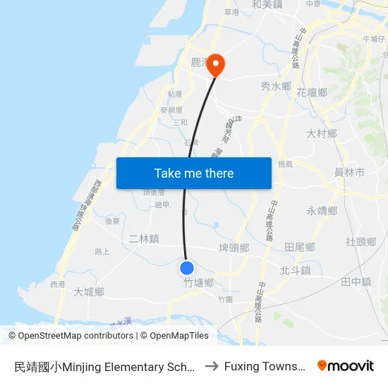 Minjing Elementary School to Fuxing Township map