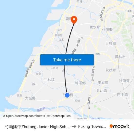 竹塘國中Zhutang Junior High School to Fuxing Township map