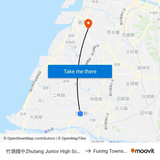 Zhutang Junior High School to Fuxing Township map