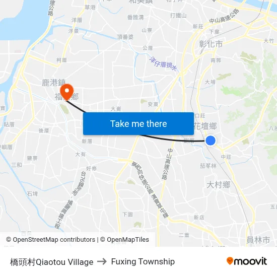 Qiaotou Village to Fuxing Township map