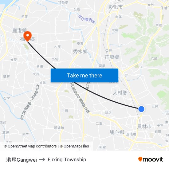港尾Gangwei to Fuxing Township map