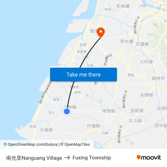 Nanguang Village to Fuxing Township map