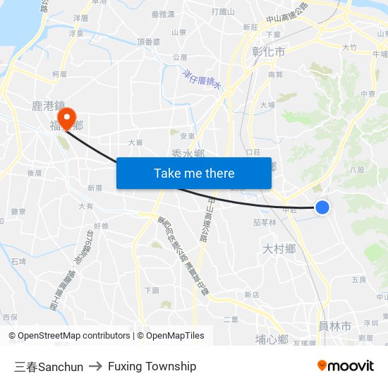 三春Sanchun to Fuxing Township map