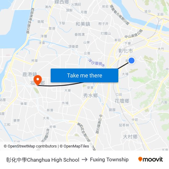 彰化中學Changhua High School to Fuxing Township map