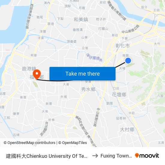 建國科大Chienkuo University Of Technology to Fuxing Township map