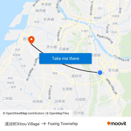 溪頭村Xitou Village to Fuxing Township map