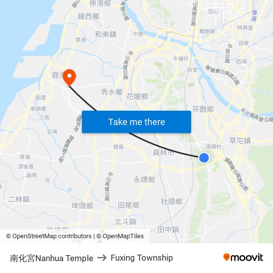 南化宮Nanhua Temple to Fuxing Township map