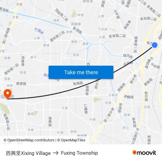 西興里Xixing Village to Fuxing Township map