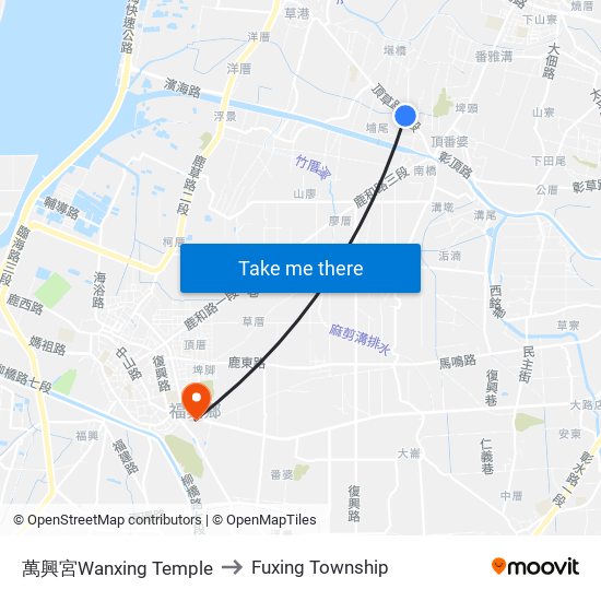 萬興宮Wanxing Temple to Fuxing Township map