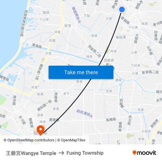 王爺宮Wangye Temple to Fuxing Township map