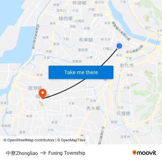 中寮Zhongliao to Fuxing Township map