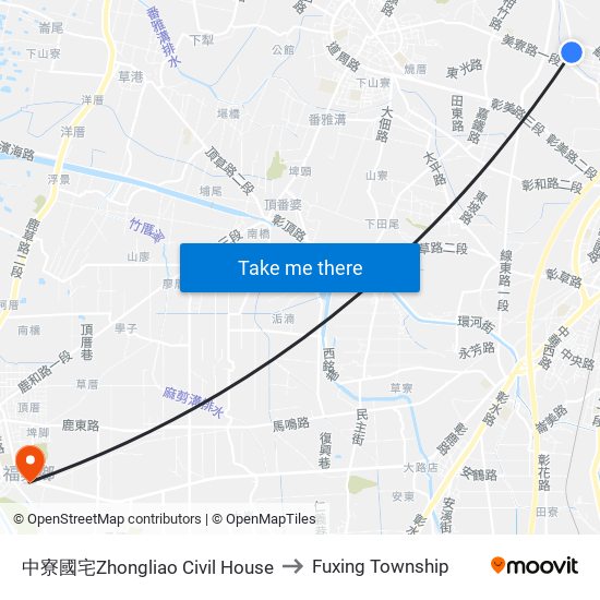 中寮國宅Zhongliao Civil House to Fuxing Township map