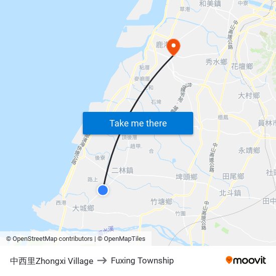 中西里Zhongxi Village to Fuxing Township map