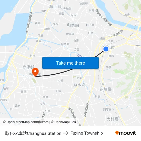 Changhua Station to Fuxing Township map