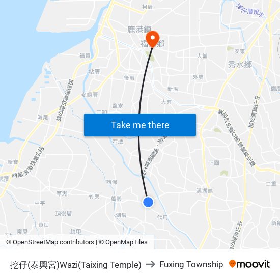 挖仔(泰興宮)Wazi(Taixing Temple) to Fuxing Township map