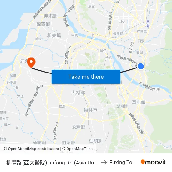 Liufeng Road (Asia University Hospital) to Fuxing Township map