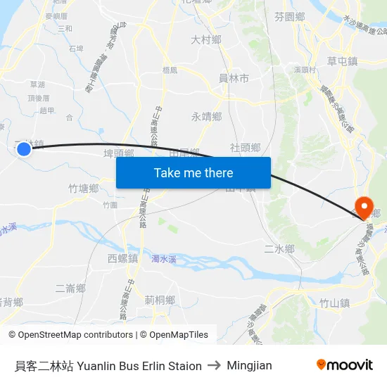 員客二林站 Yuanlin Bus Erlin Staion to Mingjian map