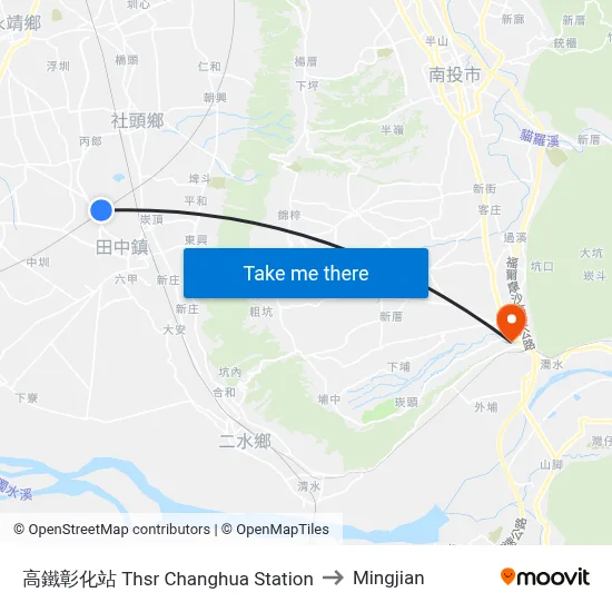 THSR Changhua Station to Mingjian map