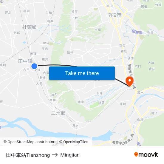 田中車站Tianzhong to Mingjian map