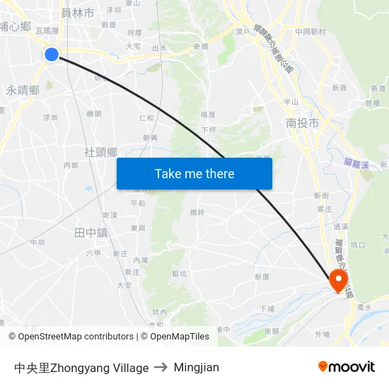 中央里Zhongyang Village to Mingjian map