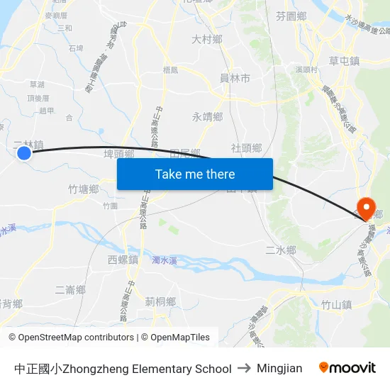 中正國小Zhongzheng Elementary School to Mingjian map