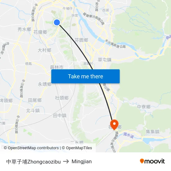 Zhongcaozibu to Mingjian map