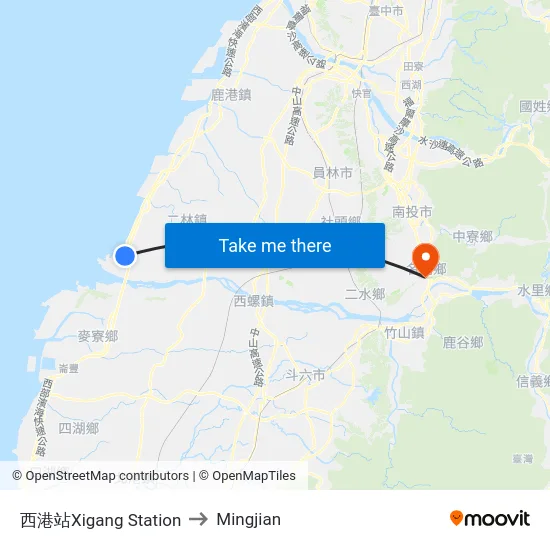 Xigang Station to Mingjian map